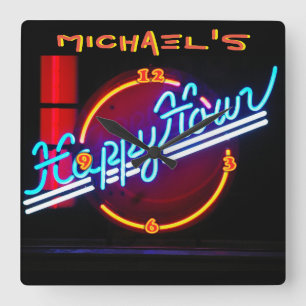 Neon Light Pub Sign Tavern Den Mancave Lycklig Hou Fyrkantig Klocka