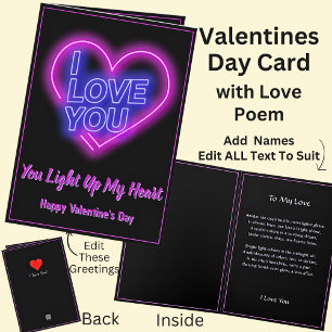 Neon Light Valentine Heart med Kärlek Dikt Kort