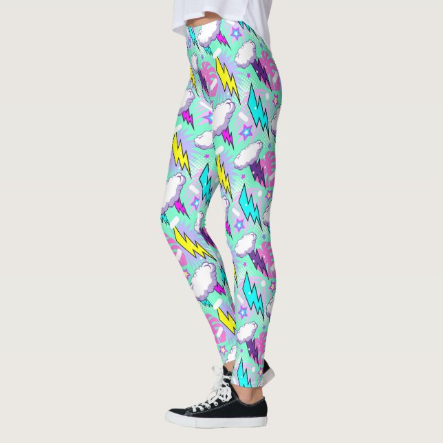 Neon Lightning Bults & Stars Mönster Leggings (Vänster)