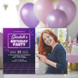 Neon Lights Birthday Invitation Photo Design Inbjudningar