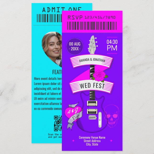 Neon Lights Rock ’n’ Roll Wedding Ticket Inbjudningar (Fram/baksida)