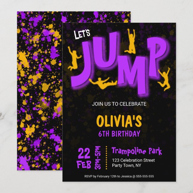 Neon Lila Gul Trampolin Födelsedagsfest Målarfest Inbjudningar (Fram/baksida)