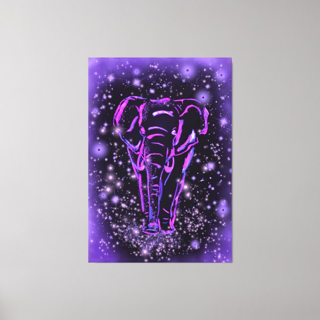 Neon Lila Rosa Elephant Walking at Starry Night Canvastryck (Framsida)