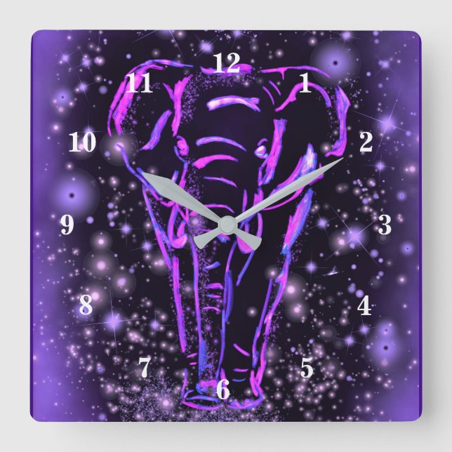Neon Lila Rosa Elephant Walking at Starry Night  Fyrkantig Klocka (Framsida)