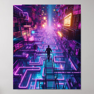 Neon Lila Urban Maze - Dystopian City Labyrinth Poster