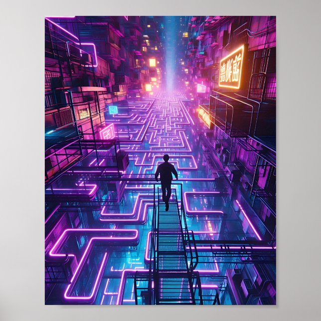 Neon Lila Urban Maze - Dystopian City Labyrinth Poster (Framsidan)