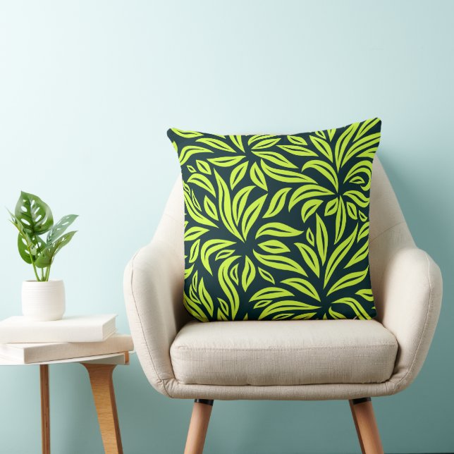 Neon Lime och Mörk Navy Blad Botanisk Kastkudde Kudde (Stol)