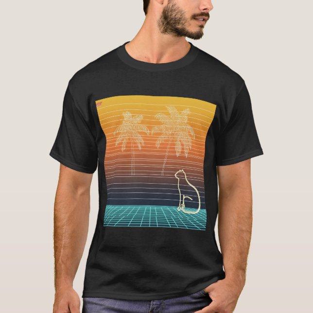 Neon Line Art Cat & Palms T Shirt (Framsida)