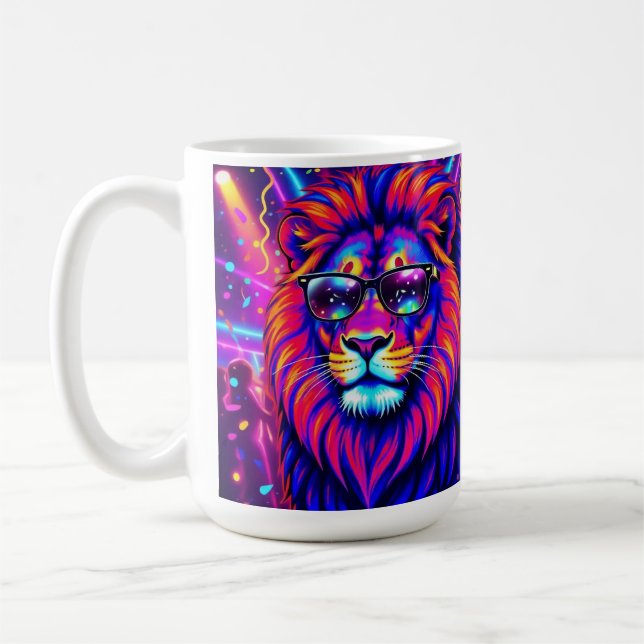 Neon Lion Party Animal – Colourful Retro Graphic Kaffemugg (Vänster)