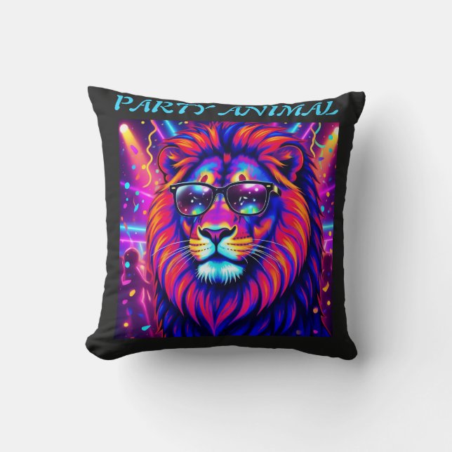 Neon Lion Party Animal – Colourful Retro Graphic Kudde (Framsida)