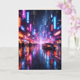 Neon-Lit Cyber Punk City at Night Blank Art Card Kort