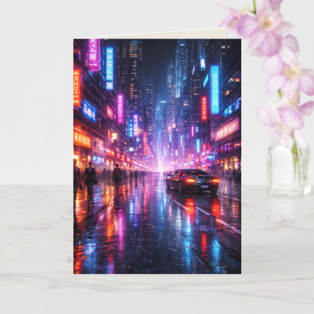 Neon-Lit Cyber Punk City at Night Blank Art Card Kort (Orkide)