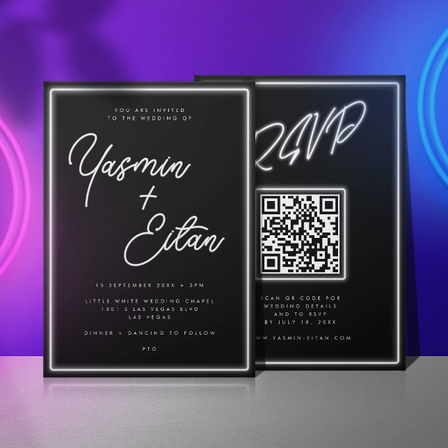 Neon Ljus Black White-skript, enkelt Bröllop Inbjudningar (Black invitation with white neon light script for the bride and groom's names)