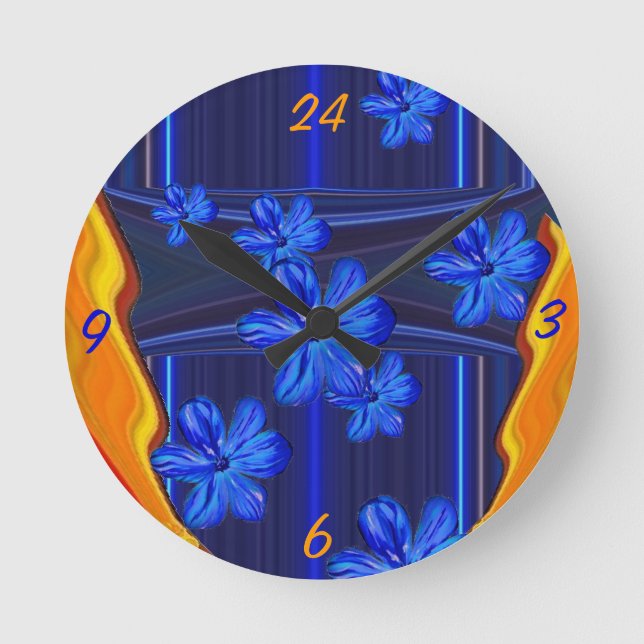 Neon Ljus Blue Blommar Wall Clock Rund Klocka (Framsida)