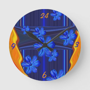 Neon Ljus Blue Blommar Wall Clock Rund Klocka