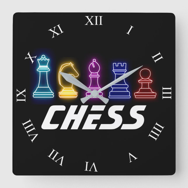 Neon Ljus Chess Biet Chess Queen Fyrkantig Klocka (Framsida)