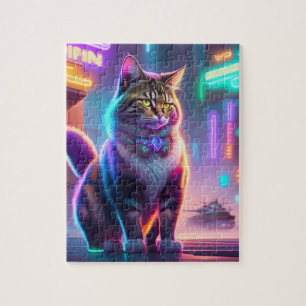 Neon Ljus Colorful Futuristiska Cyberpunk Kat Pussel