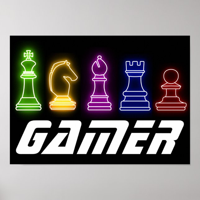 Neon Ljus Gamer Chess Biet Chess Kung Poster (Framsidan)