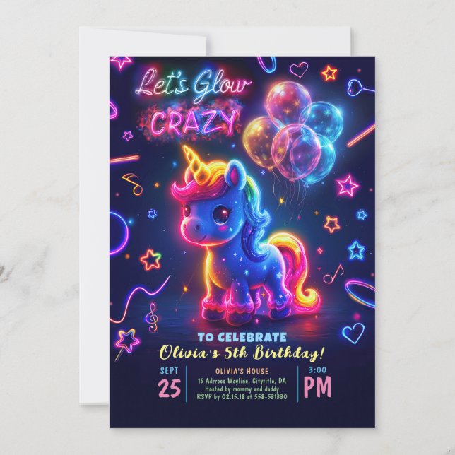 Neon Ljus Glowing Roligt Unicorn Birthday Inbjudningar (Framsida)
