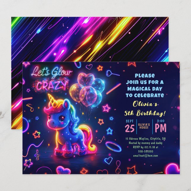 Neon Ljus Glowing Roligt Unicorn Birthday Inbjudningar (Fram/baksida)