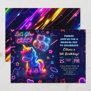Neon Ljus Glowing Roligt Unicorn Birthday Inbjudningar