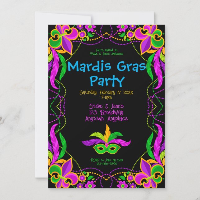 Neon Ljus Mardi Gras-fest Inbjudningar (Framsida)