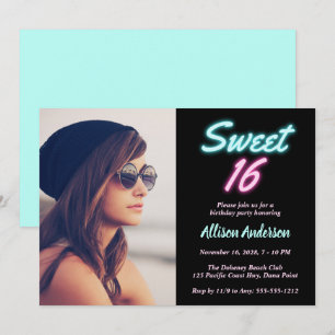 Neon Ljus Photo Sweet 16 Födelsedagsfester Inbjudningar