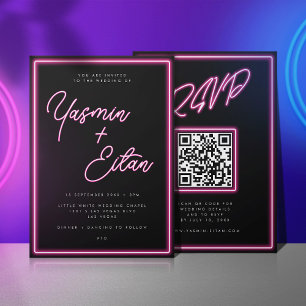 Neon Ljus Shock rosa Black QR-kod Bröllop Inbjudningar