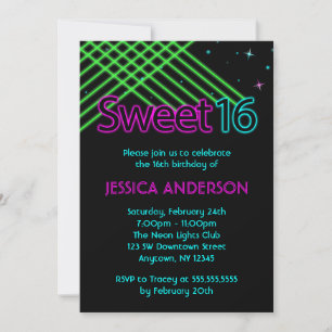 Neon Ljus Sweet 16 Födelsedagsfester Inbjudningar