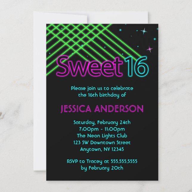 Neon Ljus Sweet 16 Födelsedagsfester Inbjudningar (Framsida)