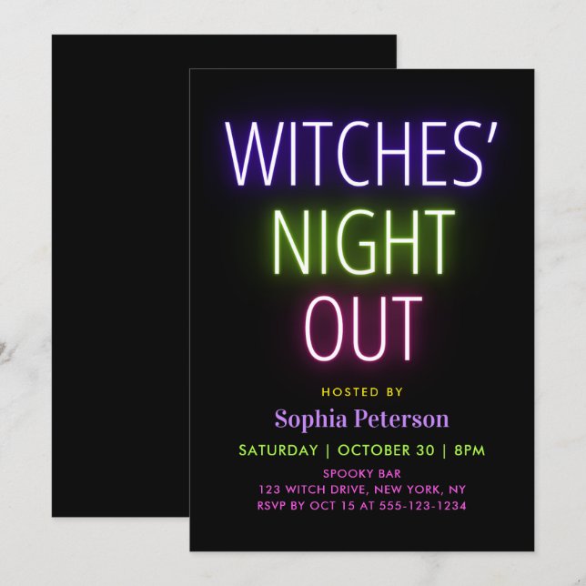Neon Ljus Witches Night Out Halloween fest Inbjudningar (Fram/baksida)