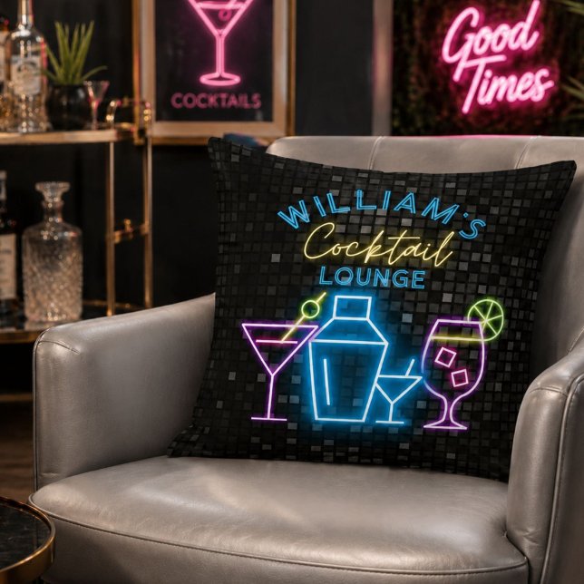 Neon Look Retro Cocktail Lounge Bar Kudde (Neon Look Retro Cocktail Lounge Bar Throw Pillow)