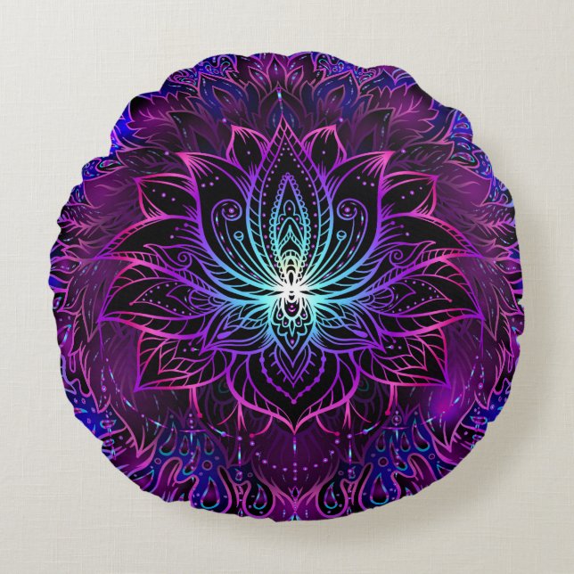 Neon Lotus Flower Boho Skriv ut Rund Kudde (Framsidan)