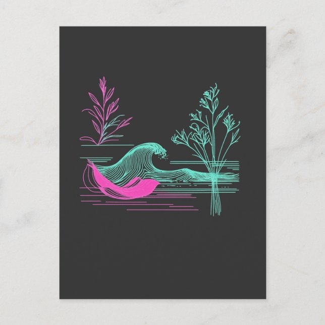 NEON LUGN – Retro Wave & Botanisk Linjekonst Vykort (Framsida)