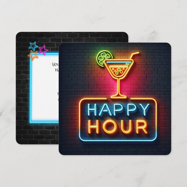 Neon Lycklig Hour Party Inbjudningar (Fram/baksida)
