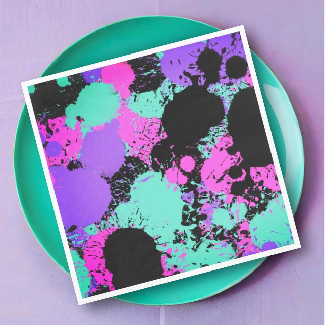 Neon Magenta Lila Teal Paint Splatter Birthday Pappersservett (Skapare uppladdad)