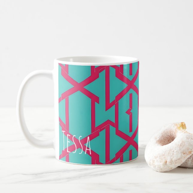 Neon Magenta och Turkos Geometrisk Mönster Kaffemugg (Med munk)