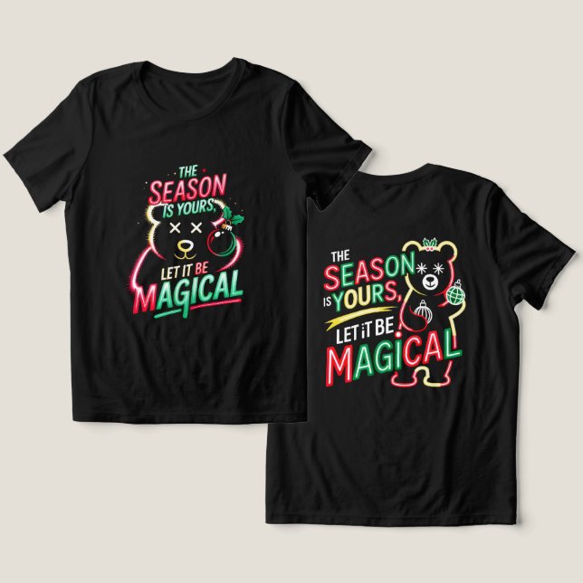 Neon Magical Christmas Bear Women's Cozy Holiday  T Shirt (Design fram och bak)
