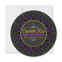 Neon Mandala Groovy Bat mitzvah Round-inbjudan