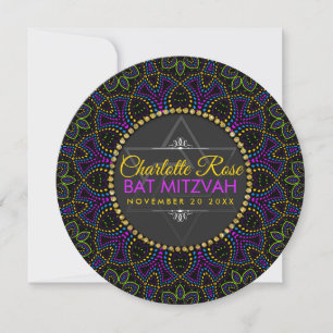 Neon Mandala Groovy Bat mitzvah Round-inbjudan Inbjudningar