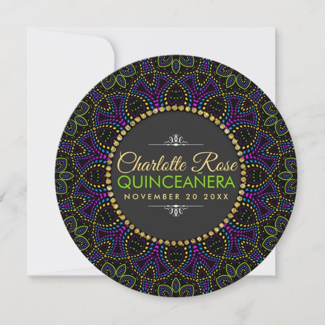 Neon Mandala Groovy Quinceañera-rundinbjudan Inbjudningar (Framsida)