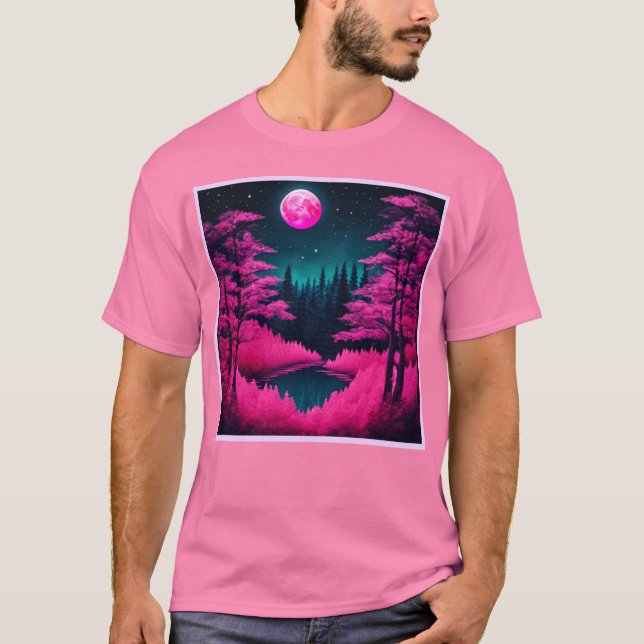 Neon månsken skog fantasi konst t shirt (Framsida)