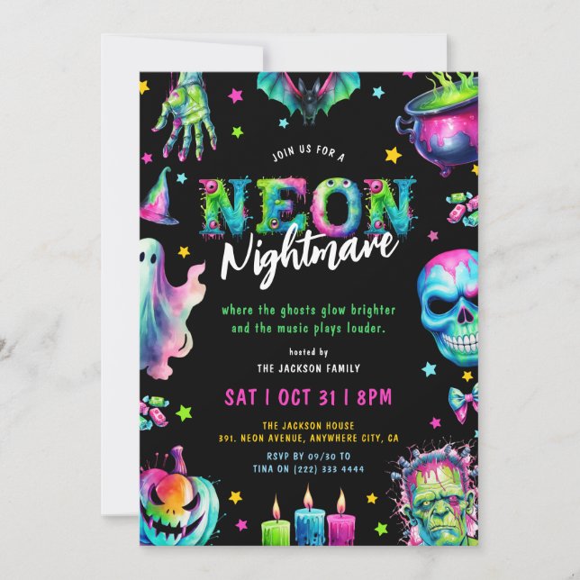 Neon Mardröm Halloweenfest Inbjudningar (Framsida)