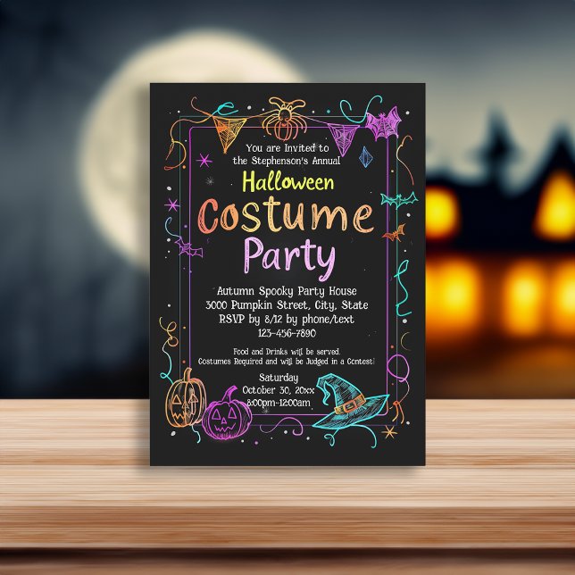Neon Marker Stil Kids Halloween Costume Party Inbjudningar (neon marker kids halloween invitation)