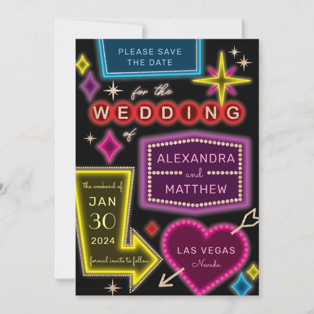 Neon Marquee Signs Las Vegas Spara datumet Inbjudningar (Framsida)