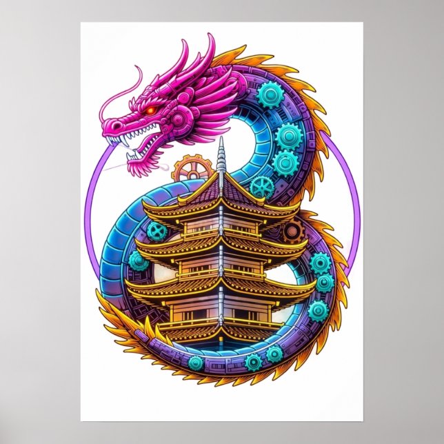 Neon Mechanical Dragon Pagoda Emblem Art Poster (Framsidan)