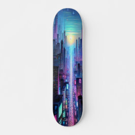 "Neon Metropolis: Cyberpunk City Mini Skateboard Bräda 18,5 Cm