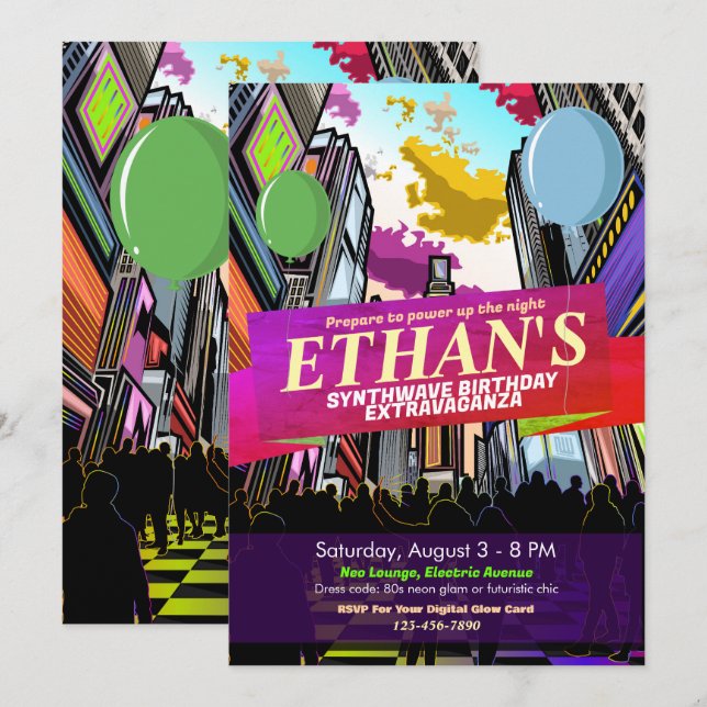 Neon Metropolis Födelsedagsinbjudan för staden när Inbjudningar (Fram/baksida)