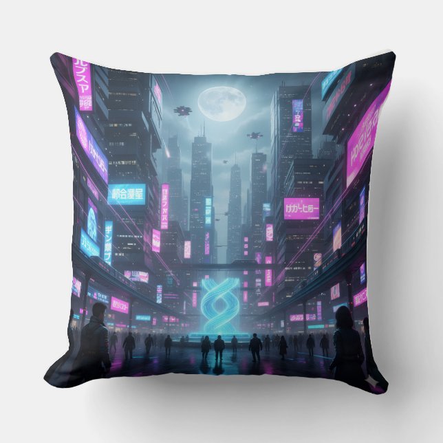 Neon Metropolis Pulse Throw Pillow Kudde (Framsida)