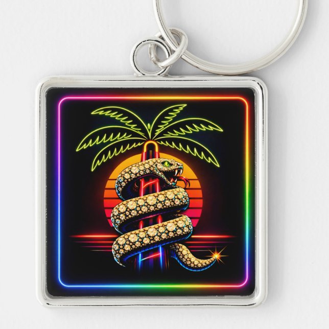 Neon Miami Nätter Diamantlyx Lyx  Fyrkantig Silverfärgad Nyckelring (Framsidan)